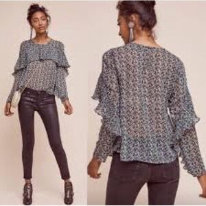 Anthropologie Sunday In Brooklyn forget me not floral Ruffle sheer blouse size S